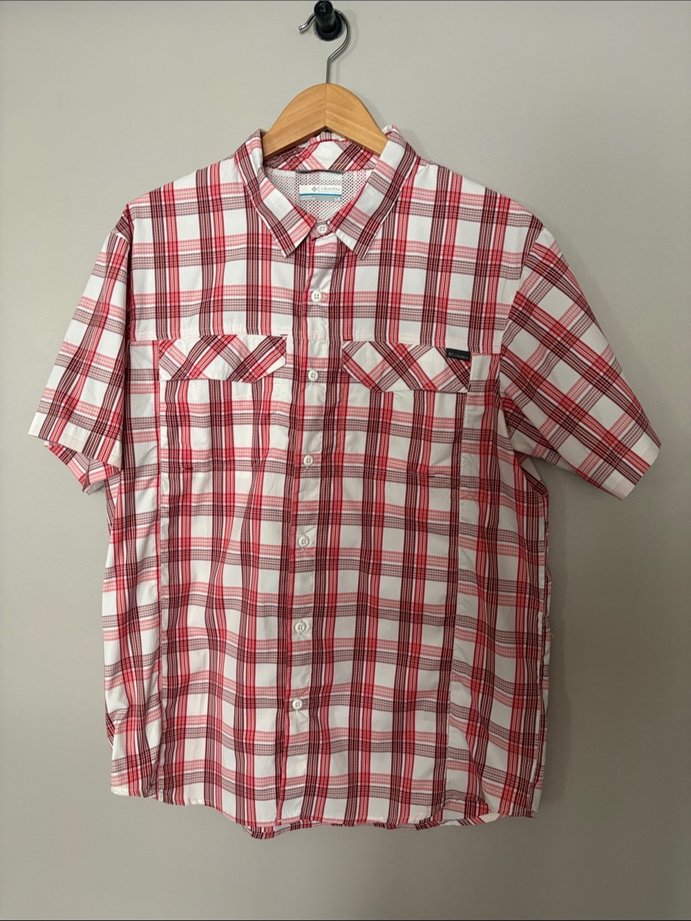 Columbia Red and White Plaid Short-Sleeve Button-Down Shirt